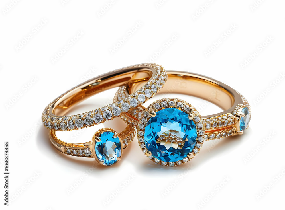 Elegant gold rings with sparkling blue gemstones and intricate details, perfect for adding a touch of luxury and sophistication to any outfit. Elegant gold rings with sparkling blue gemstones and intricate details, perfect for adding a touch of luxury and sophistication to any outfit.
