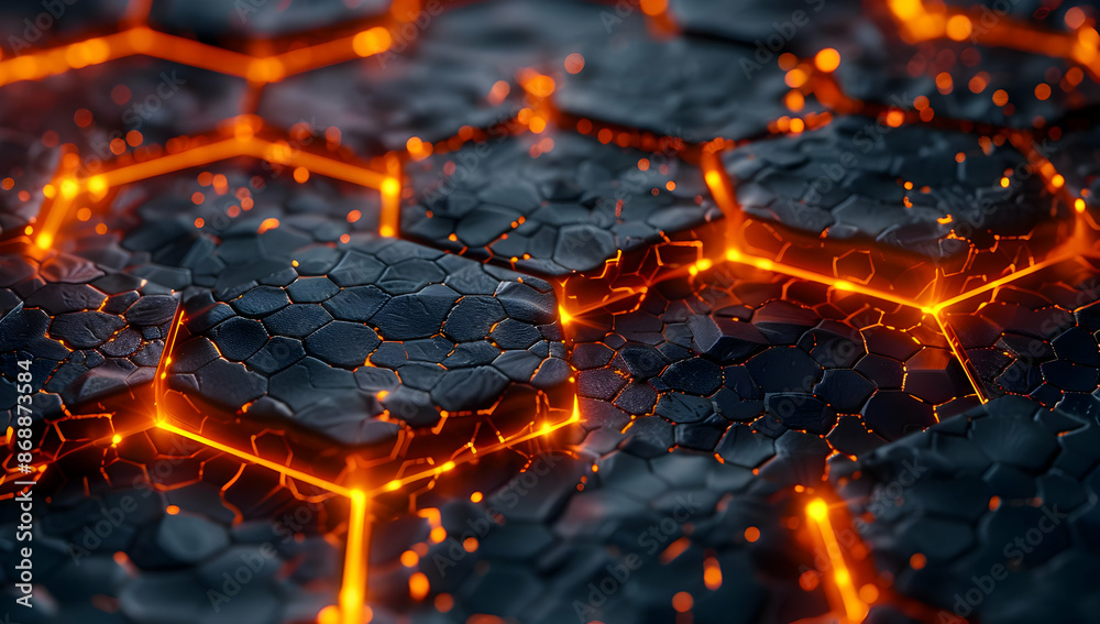 Futuristic glowing hexagonal pattern with vibrant orange and dark tones, resembling a sci-fi surface or digital energy structure. Futuristic glowing hexagonal pattern with vibrant orange and dark tones, resembling a sci-fi surface or digital energy structure.