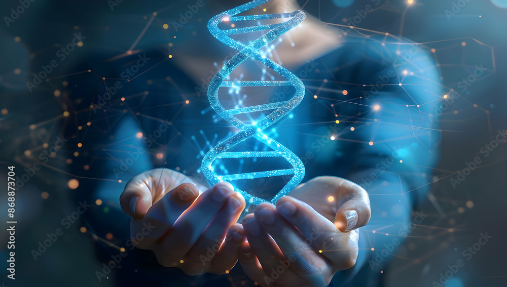 Hands holding glowing DNA helix, representing genetic research, biotechnology, and scientific innovation in the human genome field. Hands holding glowing DNA helix, representing genetic research, biotechnology, and scientific innovation in the human genome field.