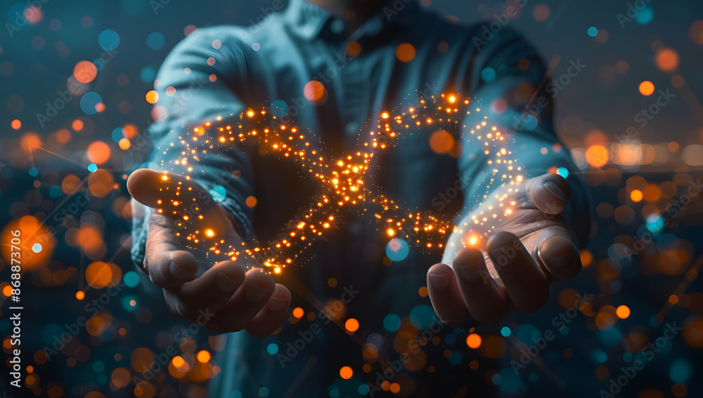 Hands holding glowing DNA strands, symbolizing genetic engineering and biotechnology advancements in a dynamic, futuristic setting. Hands holding glowing DNA strands, symbolizing genetic engineering and biotechnology advancements in a dynamic, futuristic setting.