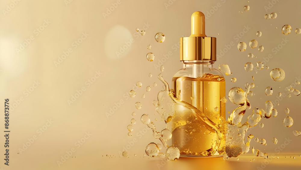 Luxurious golden serum bottle with splash effect, symbolizing skincare and beauty essentials for a radiant complexion. Luxurious golden serum bottle with splash effect, symbolizing skincare and beauty essentials for a radiant complexion.