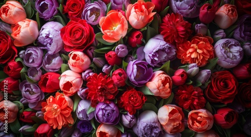 Colorful Flower Arrangement With Red Tulips and Purple Flowers