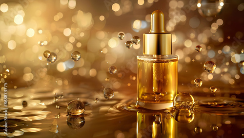 Luxurious gold serum bottle with gold bokeh background, radiating elegance and beauty. Perfect for skincare and beauty product promotions. photo
