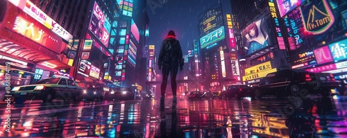 Stressed person walking alone in a busy city at night, neon lights reflecting on wet pavement, cyberpunk style, high contrast