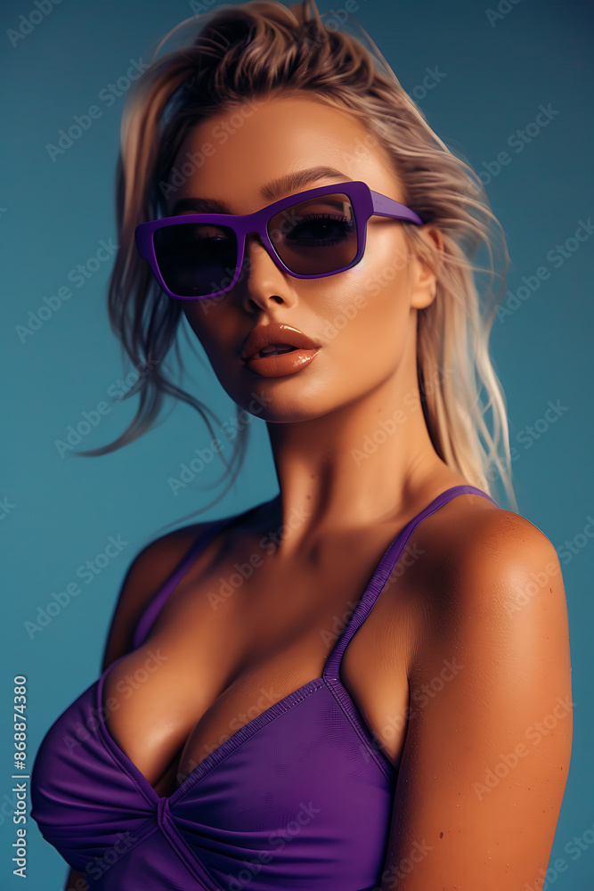 Chic Woman in Sunglasses and Purple Bikini Against Purple Background Chic Woman in Sunglasses and Purple Bikini Against Purple Background