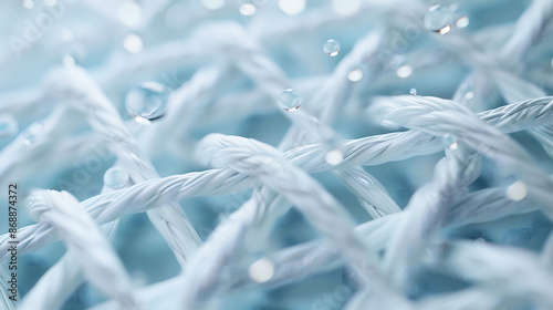 A 3D illustration of white woven fabric with water droplets