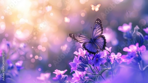 This image captures the beauty of a butterfly perched on vibrant purple flowers, with a softly lit, dreamy background and bokeh effects. © Praphan