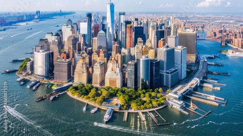 An awe-inspiring aerial photograph of New York City's iconic skyline with a clear blue sky and bustling waterfront, capturing the essence of urban life and architectural grandeur.