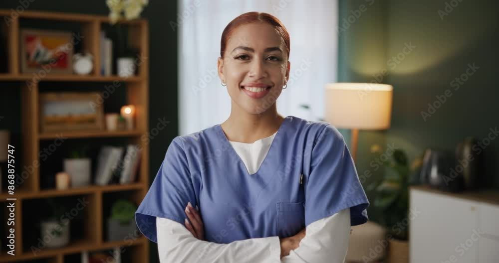 Healthcare, nurse and portrait of woman with arms crossed for medical service, care and pride. Nursing home, happy and face of caregiver with smile for assisted living, support and confidence in job