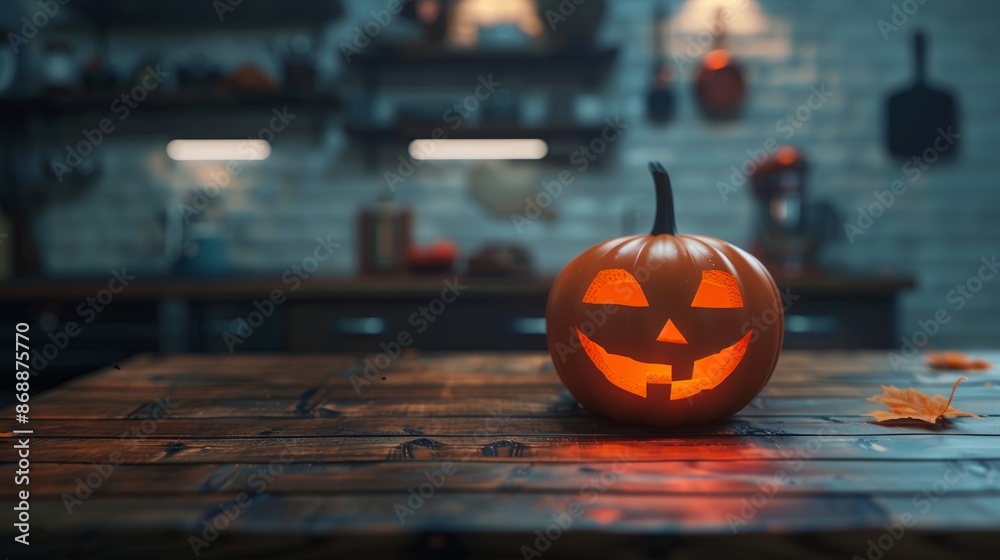 Halloween pumpkin on wooden table with blurry kitchen background Halloween pumpkin on wooden table with blurry kitchen background