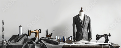 Tailoring setup with unfinished suit on mannequin, sewing tools, gray fabric, vintage, detailed