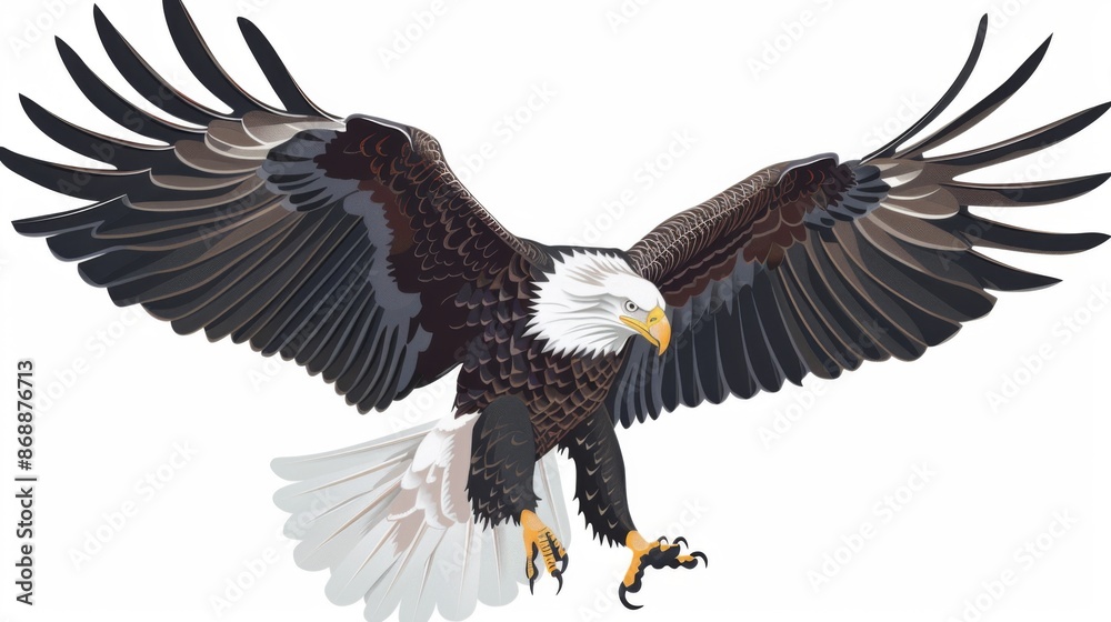 Obraz premium A stylized graphic illustration of a bald eagle with wings spread wide in flight, capturing the essence of freedom, power, and grace that this iconic bird represents.