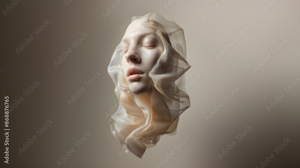 Abstract 3D illustration, modern art, portrait of a person with closed eyes floating in the air on a beige background. Albino. Surreal, face in fabric or cellophane, soft pastel colors, pale skin Abstract 3D illustration, modern art, portrait of a person with closed eyes floating in the air on a beige background. Albino. Surreal, face in fabric or cellophane, soft pastel colors, pale skin