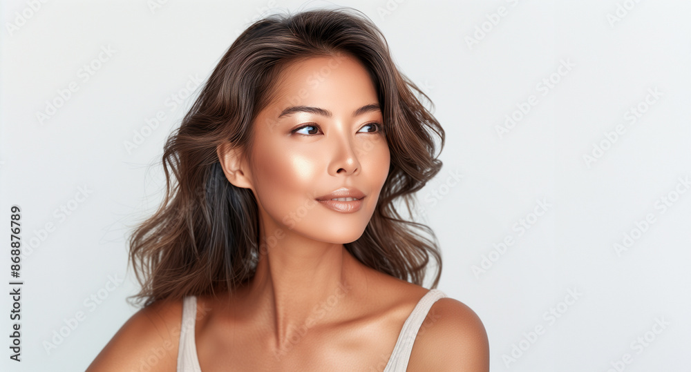 Asian woman face portrait with young smooth skin and healthy hair. Natural beauty and young skin of Asian Korean or Chinese woman Asian woman face portrait with young smooth skin and healthy hair. Natural beauty and young skin of Asian Korean or Chinese woman