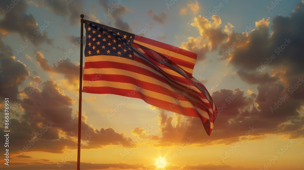 Obraz premium An evocative image featuring the American flag waving against the backdrop of a golden sunset sky, celebrating patriotism and unity with a touch of nostalgic serenity.