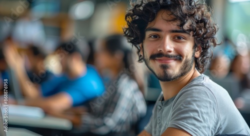 Smiling Young Man Working on a Computer in a Modern Office