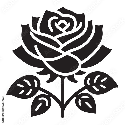 The black silhouette of a simple minimal Rose with a thick outline side view isolated