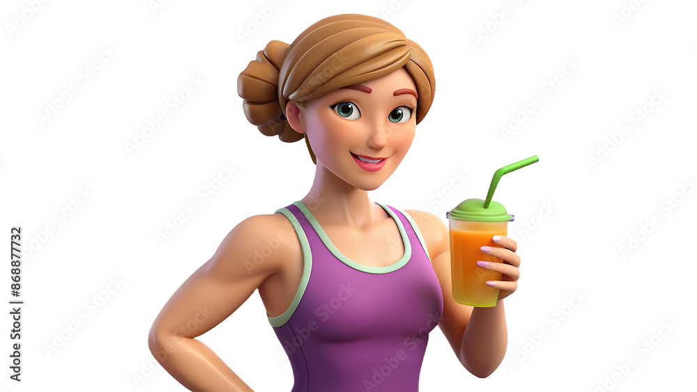 Generative ai. cartoon woman, fit and healthy, holding smoothie, wearing purple workout clothes, blonde hair bun, smiling, white background, 3D rendered, vibrant colors, cheerful mood
Generative ai. cartoon woman, fit and healthy, holding smoothie, wearing purple workout clothes, blonde hair bun, smiling, white background, 3D rendered, vibrant colors, cheerful mood