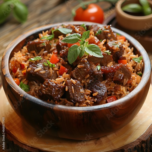 Delicious Beef and Rice Dish in a Wooden Bowl photo