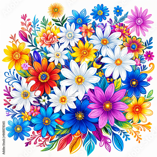 A vibrant and colorful illustration of various flowers, each with its own unique shape, size, and color, arranged in a circular pattern.