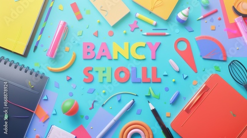 A bright, colorful image filled with school-themed items such as notebooks, pencils, and rulers, featuring the text 'Bancy Stholl', perfect for educational illustrations.