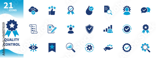 Quality control icon. Set of icons for evaluation, testing, settings, check marks,...