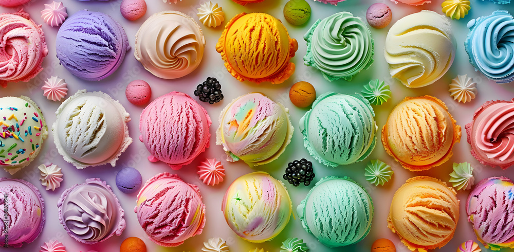 A delightful array of colorful ice cream scoops, topped with sprinkles and candies, creating a vibrant and tempting dessert display. A delightful array of colorful ice cream scoops, topped with sprinkles and candies, creating a vibrant and tempting dessert display.