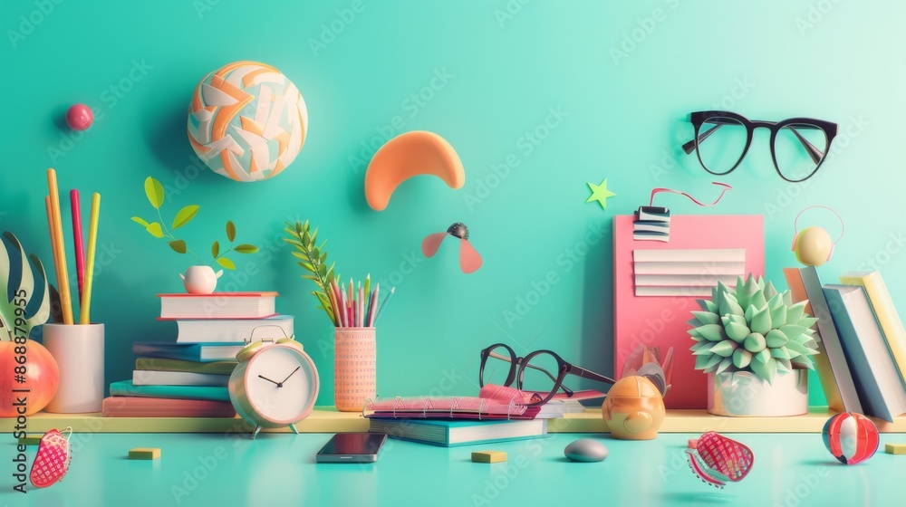 This image showcases various study supplies, including books, plants, glasses, and stationery arranged on a turquoise desk, conveying a sense of creativity and learning. This image showcases various study supplies, including books, plants, glasses, and stationery arranged on a turquoise desk, conveying a sense of creativity and learning.