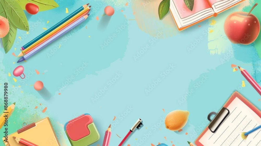 Artistic illustration featuring pencils, fruits, and scattered notes on a pastel background, evoking a sense of creativity, learning, and inspiration in a whimsical study environment.