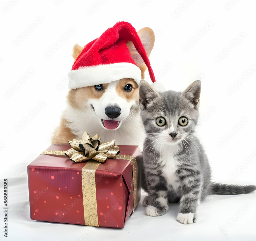 Adorable dog wearing Santa hat and cute kitten with a gift box, perfect for Christmas holiday themes and greetings. Adorable dog wearing Santa hat and cute kitten with a gift box, perfect for Christmas holiday themes and greetings.
