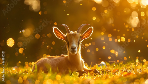 A young goat relaxing in a golden field during sunset, with bokeh lights adding a magical touch to the scene. photo