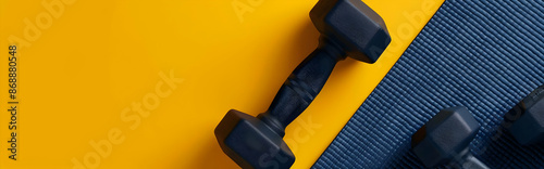 Black dumbbells and yoga mat on a vibrant yellow background, perfect for fitness, exercise, gym, and workout themes. photo