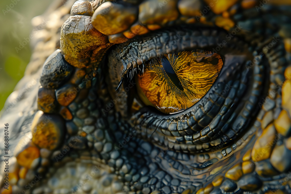 Naklejka premium Close-up of a reptile eye showcasing intricate details and vibrant colors. Perfect for nature and animal-themed projects.
