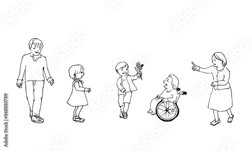 車椅子の高齢者を囲む様々な世代の人物イラスト