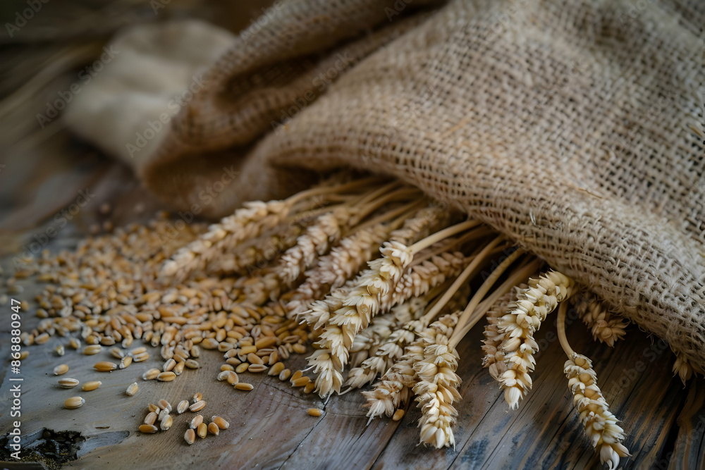 Close-up of wheat stalks and grains spilling from a burlap sack on a rustic wooden surface, embodying farm-to-table freshness and harvest abundance. Close-up of wheat stalks and grains spilling from a burlap sack on a rustic wooden surface, embodying farm-to-table freshness and harvest abundance.