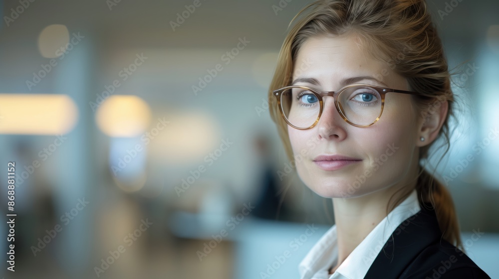Confident businesswoman with glasses standing in a modern office environment, looking at the camera with a soft-focus background. Confident businesswoman with glasses standing in a modern office environment, looking at the camera with a soft-focus background.