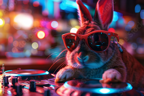 Cute rabbit DJ with sunglasses mixing tracks on a turntable in a colorful nightclub. Fun and playful pet at a party. photo
