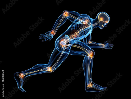 Digital illustration of a human skeleton running with highlighted joints, showcasing anatomy and biomechanics on a black background. © sornram
