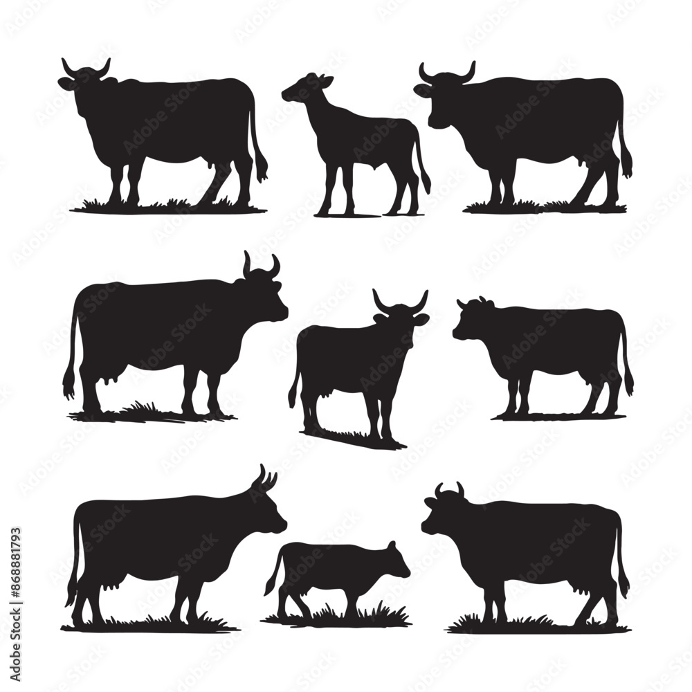 set of cows silhouettes on white set of cows silhouettes on white