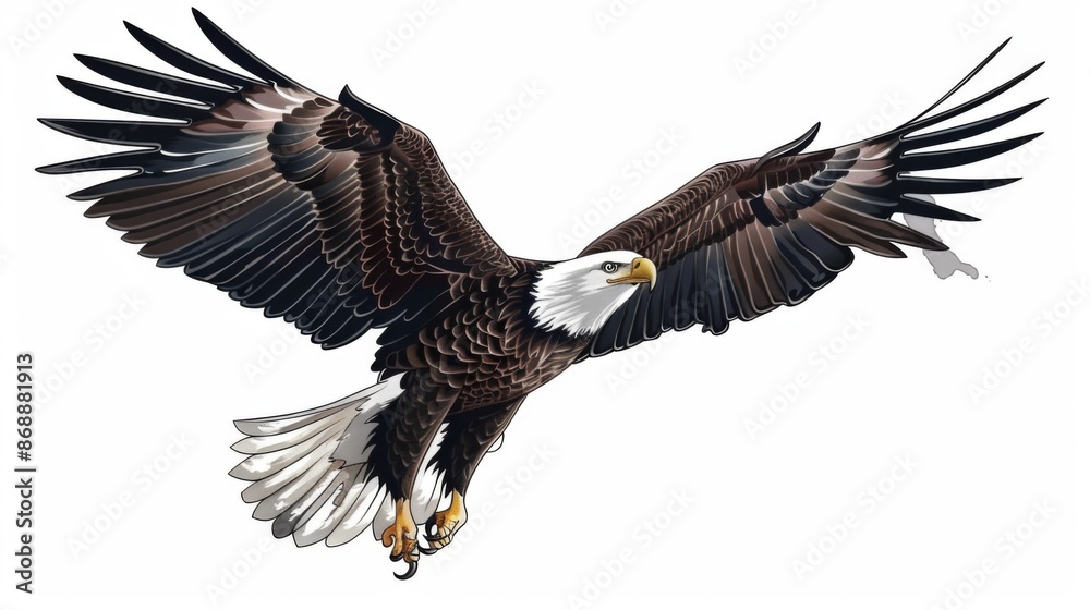 A highly detailed artistic depiction of a bald eagle with outstretched wings, showcasing its distinctive white head and powerful features while gliding in the air gracefully. A highly detailed artistic depiction of a bald eagle with outstretched wings, showcasing its distinctive white head and powerful features while gliding in the air gracefully.