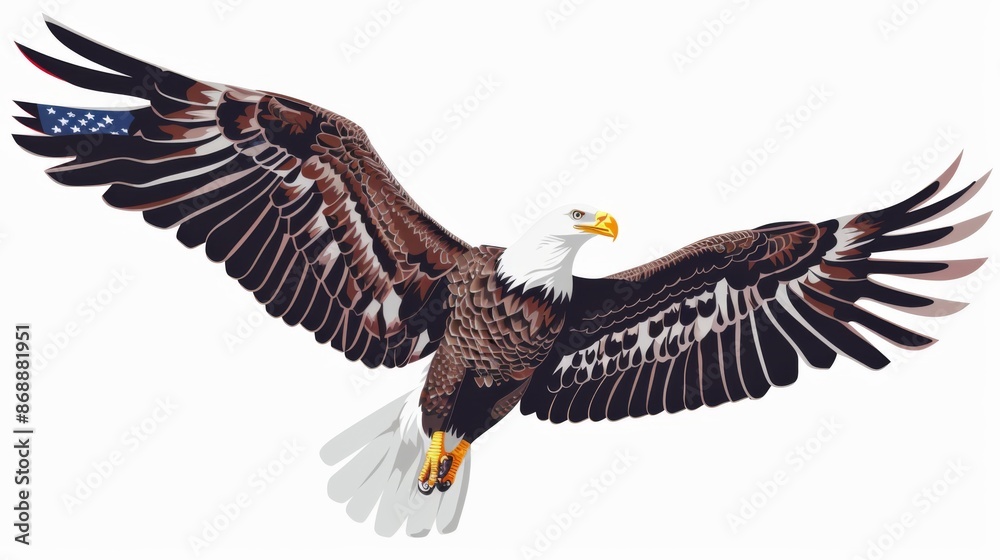 Obraz premium A colorful illustration capturing the detailed features of a bald eagle flying gracefully, highlighting its spread wings against a plain backdrop, representing liberty.