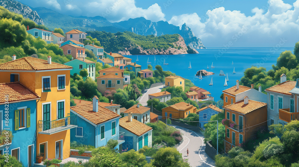 A scenic village landscape with a large blue sky above and a calm sea at the top. The village is nestled among rolling hills with a variety of houses, some with blue roofs, others yellow, along windin