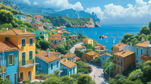 A scenic village landscape with a large blue sky above and a calm sea at the top. The village is nestled among rolling hills with a variety of houses, some with blue roofs, others yellow, along windin