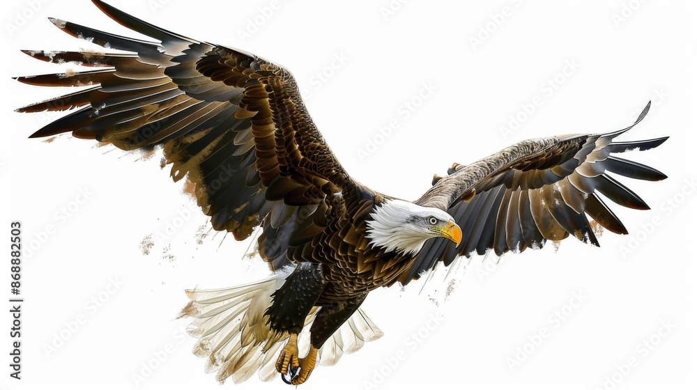 Obraz premium A digital artwork featuring a bald eagle in mid-flight, with its wings fully extended and feathers meticulously detailed, set against a crisp, clean white background.