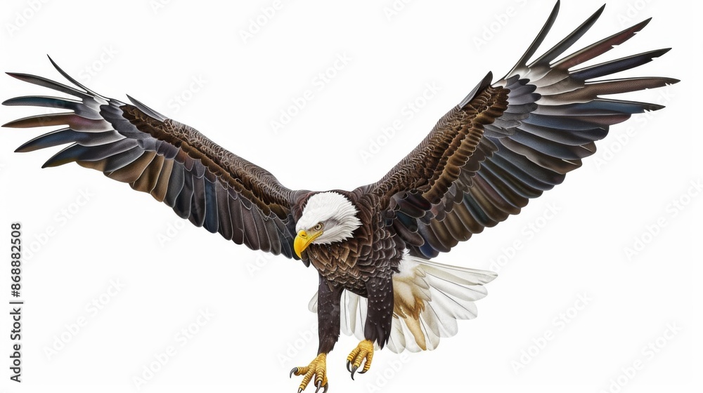 Obraz premium An intricate illustration of a bald eagle in mid-flight with wings fully extended, highlighting the detailed feathering and strong anatomy, set against a white background.