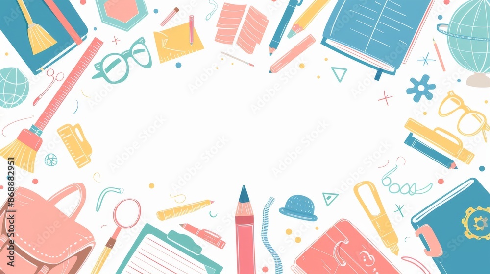A vibrant illustration featuring various school supplies, including books, pencils, and globes, perfect for education-themed designs, back-to-school promotions, and learning materials. A vibrant illustration featuring various school supplies, including books, pencils, and globes, perfect for education-themed designs, back-to-school promotions, and learning materials.