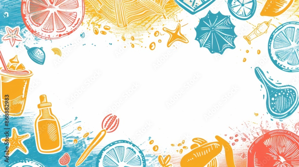 custom made wallpaper toronto digitalVividly colored summer items featuring drinks, fruits, and umbrellas, painted with a bright mix of yellow, orange, and blue, ideal for festive and cheerful designs.