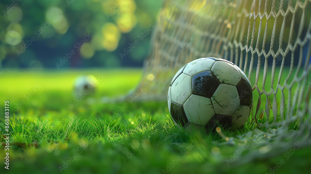 Fototapeta premium Soccer ball in goal net, vibrant green field, close-up, action-packed and vivid