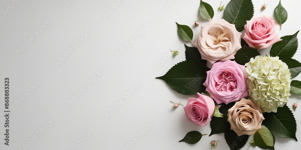Flat lay design features of pink and beige roses alongside delicate hydrangeas on a clean white background. Related to nature, beauty, romance, and elegant decor Flat lay design features of pink and beige roses alongside delicate hydrangeas on a clean white background. Related to nature, beauty, romance, and elegant decor