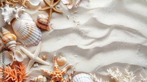Fototapeta Naklejka Na Ścianę i Meble -  A beautiful collection of seashells and starfish arranged on a gently rippled sandy beach backdrop, capturing the essence of coastal charm and marine life.